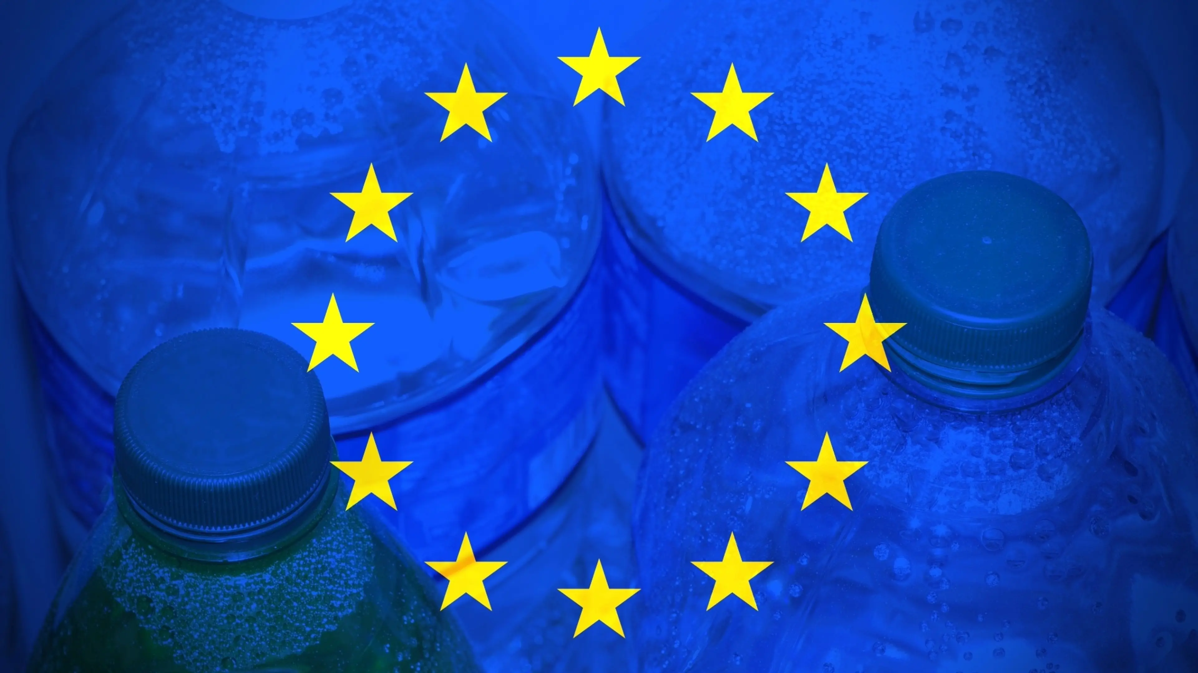 Blue image of recycling bottles with EU symbol on top