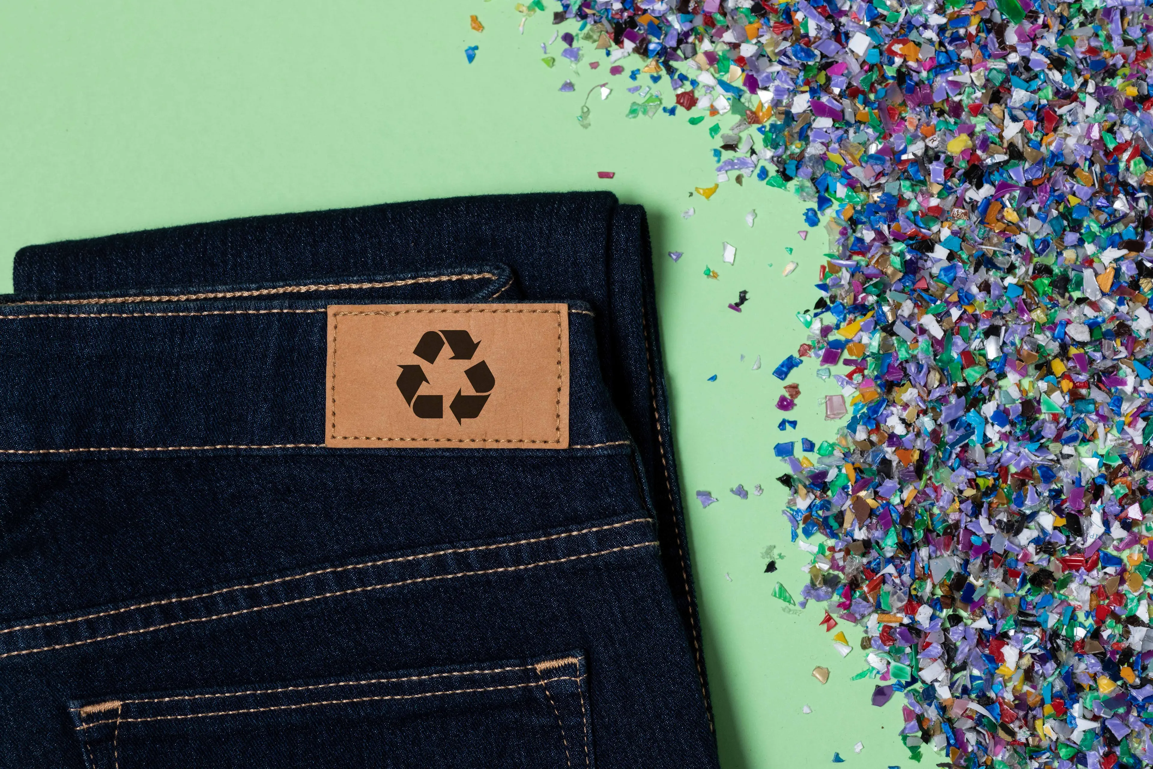 Recycled jeans displayed with a label highlighting their sustainable material and eco-friendly production process.