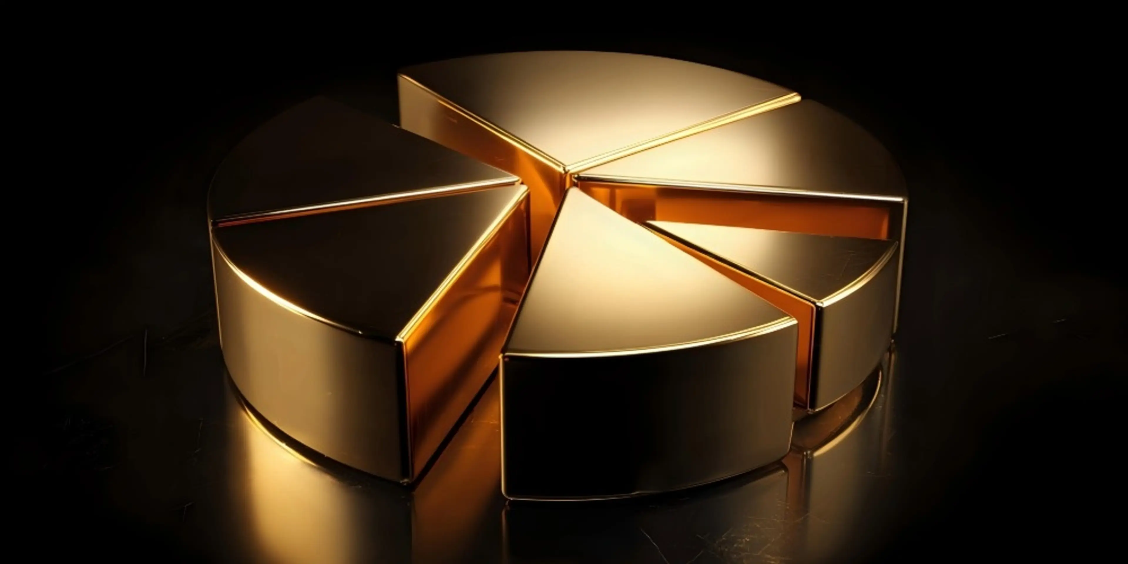 Golden Pie Chart Segments: Business Finance Data Analysis, Investment, Wealth & Growth Strategy