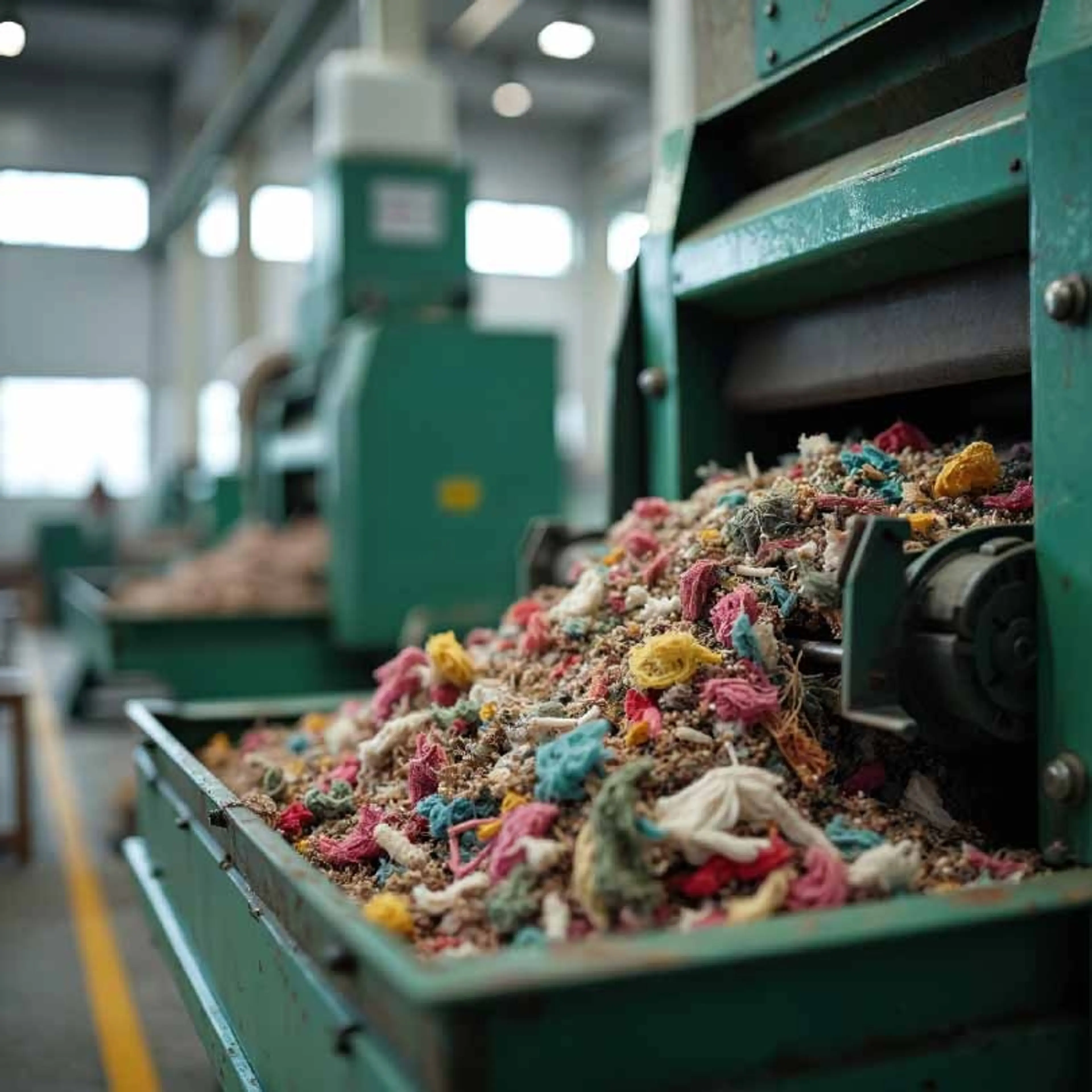 A machine showing vibrant colours of shredded mixed textiles recycling