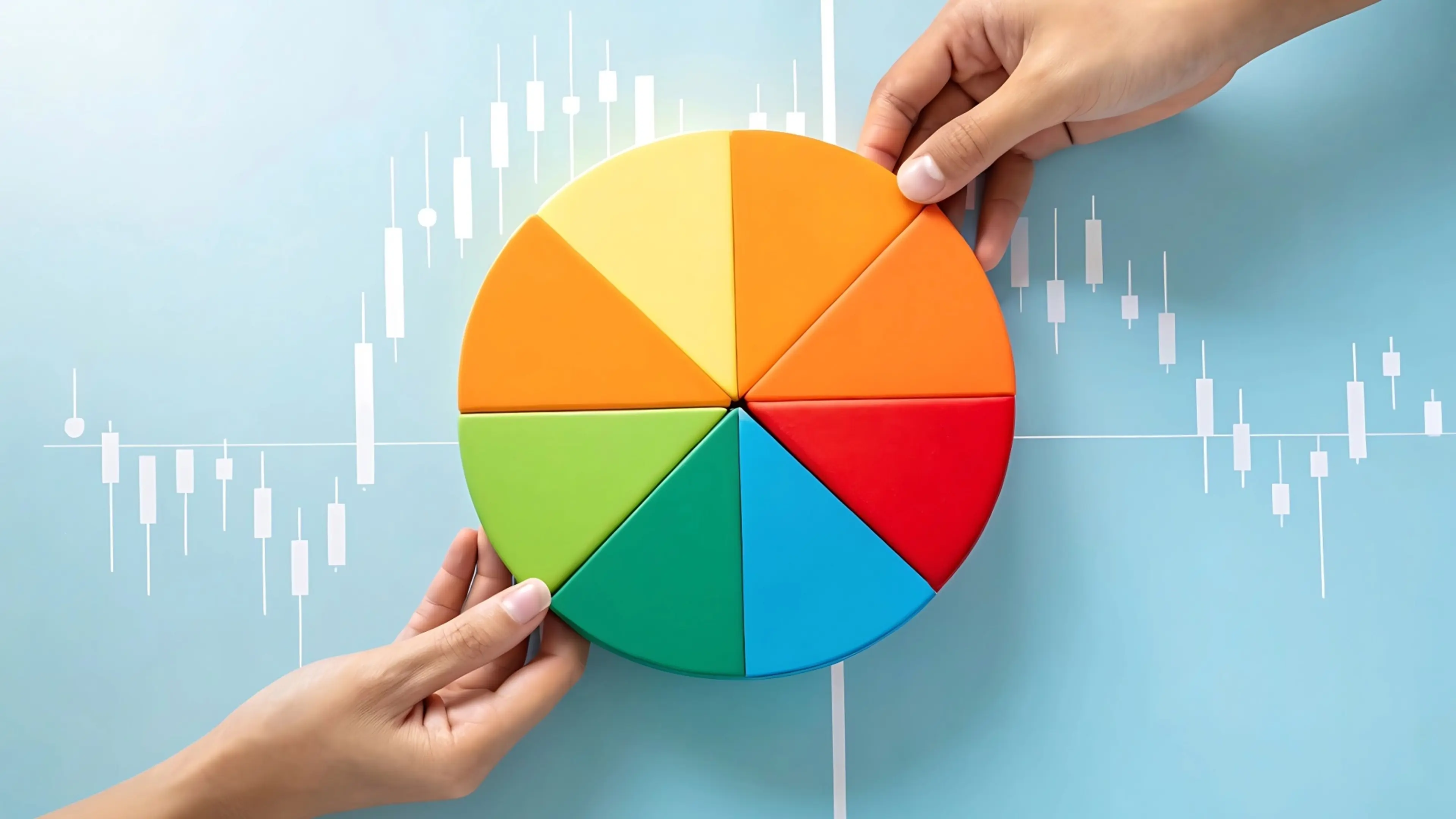 Hands holding a vibrant pie chart against a blue background, illustrating data distribution in various colors.